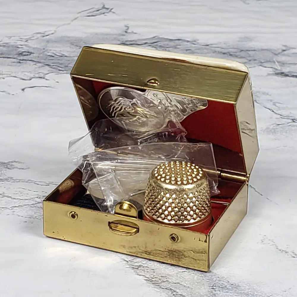 Brass Porcelain Travel Purse Sewing Box Vintage