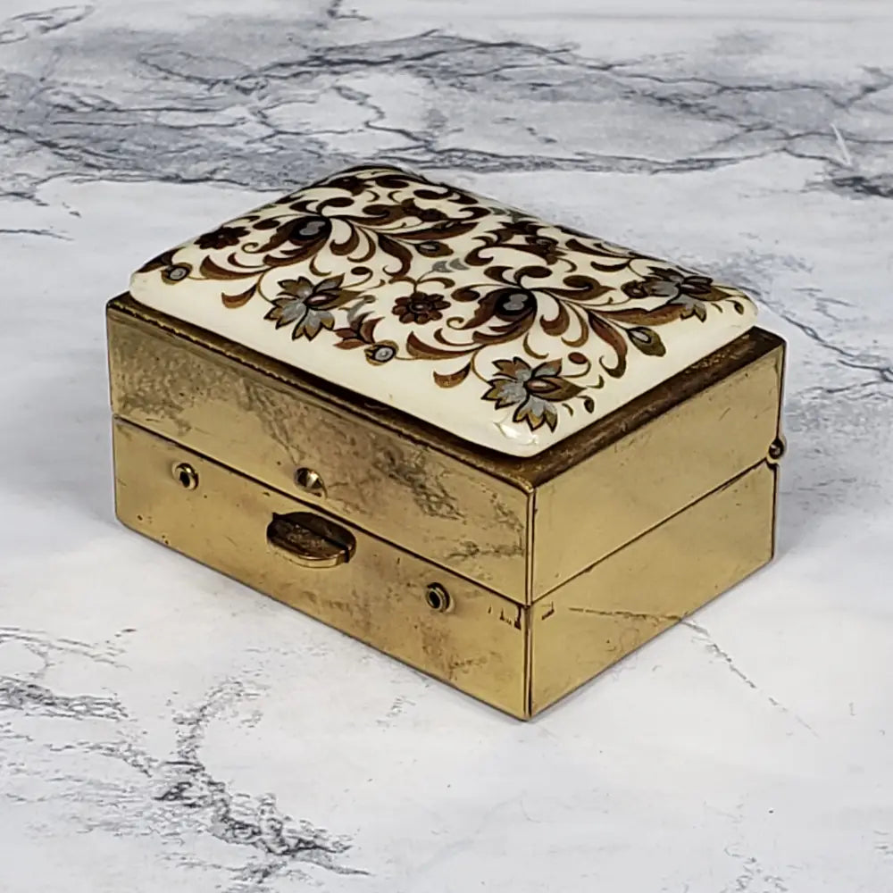 Brass Porcelain Travel Purse Sewing Box Vintage