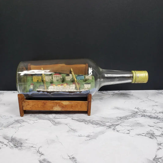 Ship Bottle Diorama Clay Wood With Stand Vintage Decor