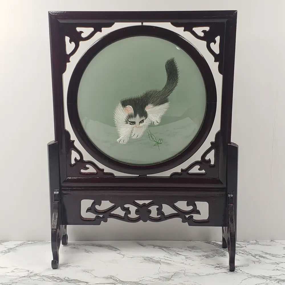 Silk Embroidered Cats Large Wood Glass Vintage Decor