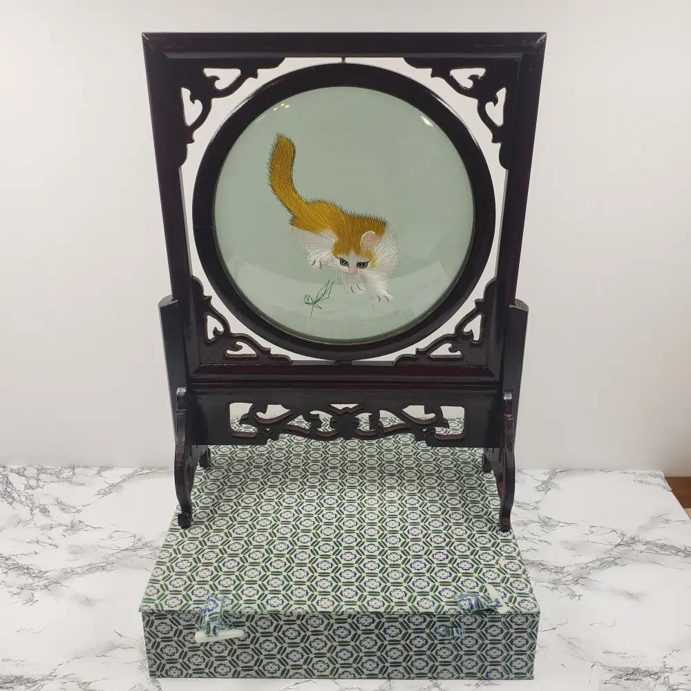 Silk Embroidered Cats Large Wood Glass Vintage Decor