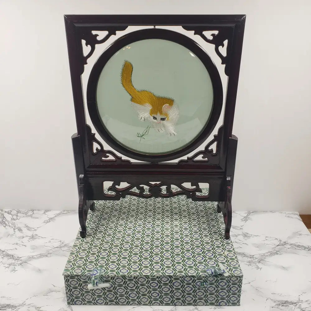 Silk Embroidered Cats Large Wood Glass Vintage Decor