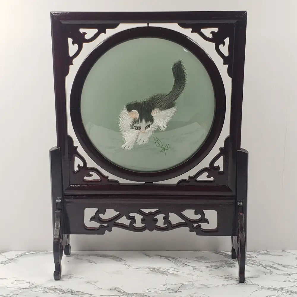 Silk Embroidered Cats Large Wood Glass Vintage Decor