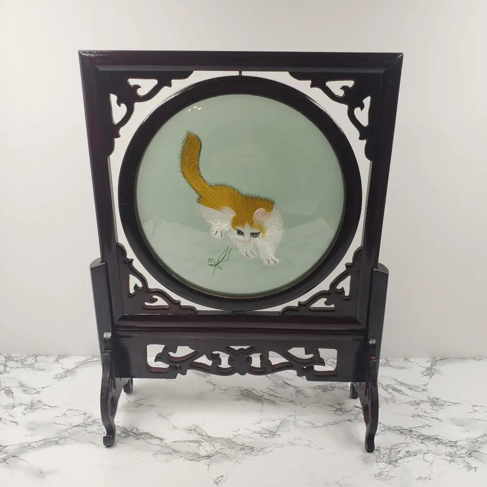 Silk Embroidered Cats Large Wood Glass Vintage Decor