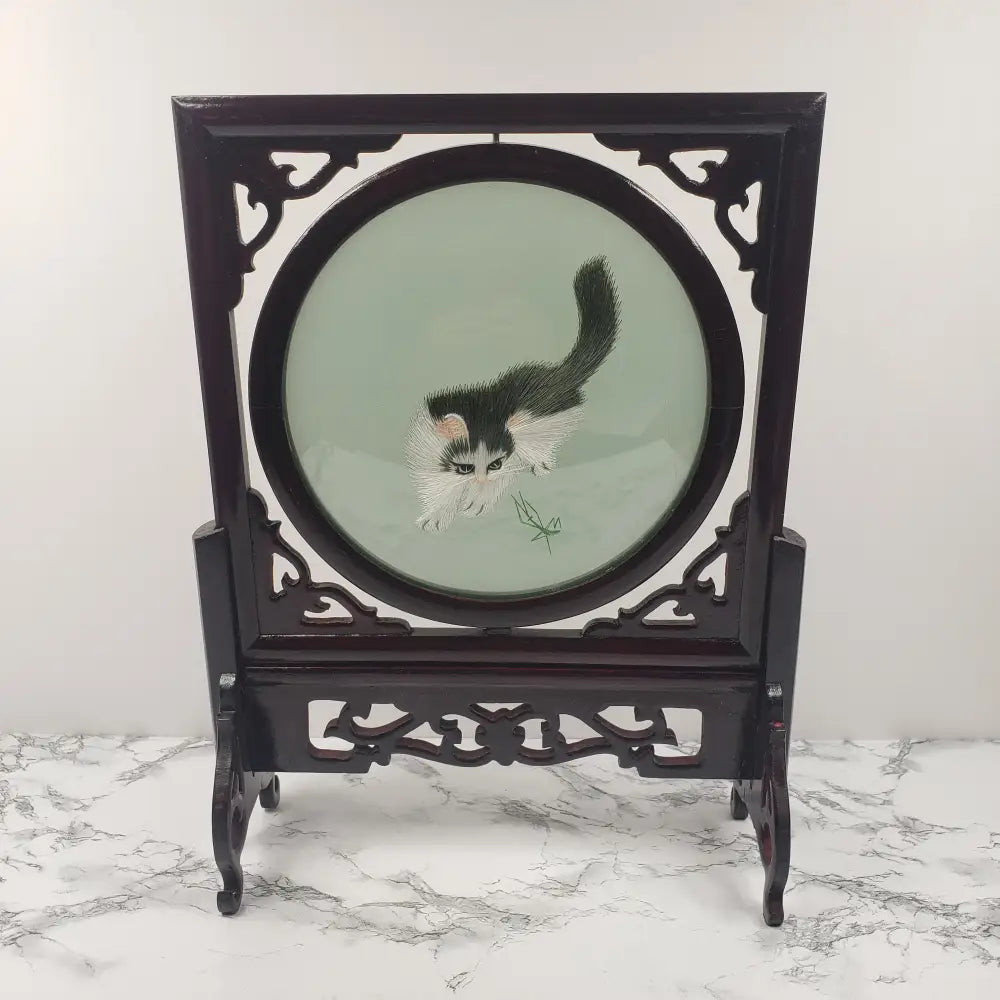 Silk Embroidered Cats Large Wood Glass Vintage Decor
