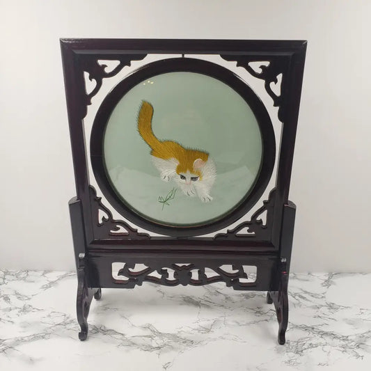 Silk Embroidered Cats Large Wood Glass Vintage Decor