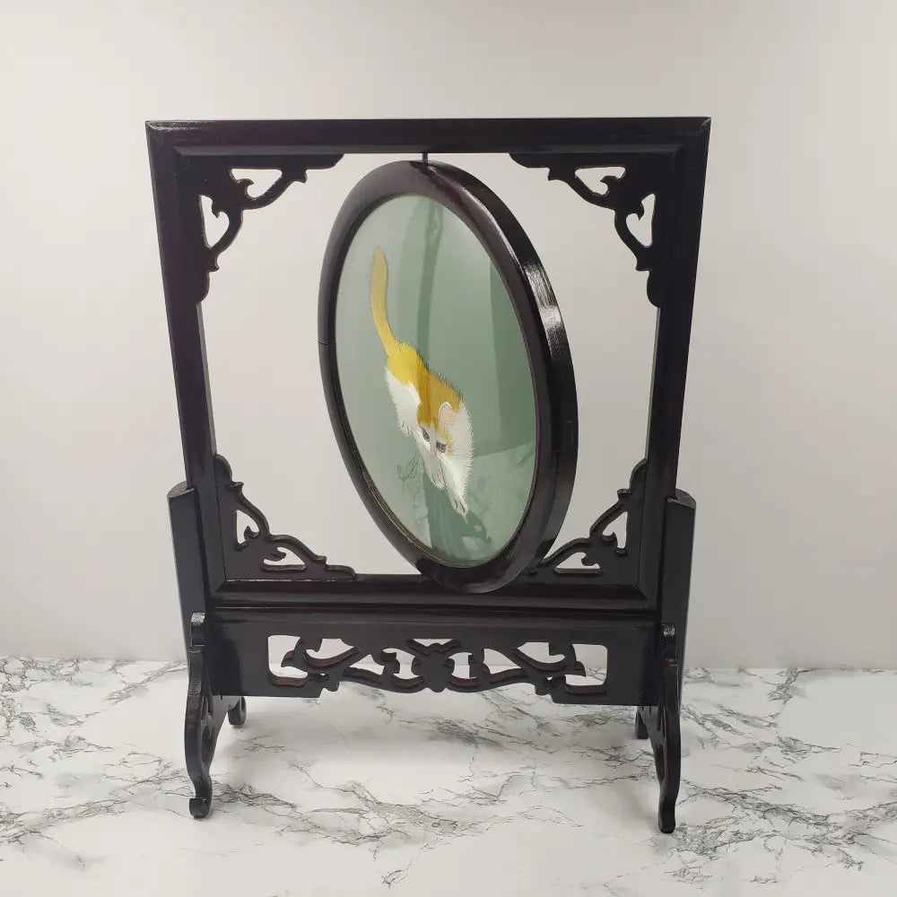 Silk Embroidered Cats Large Wood Glass Vintage Decor