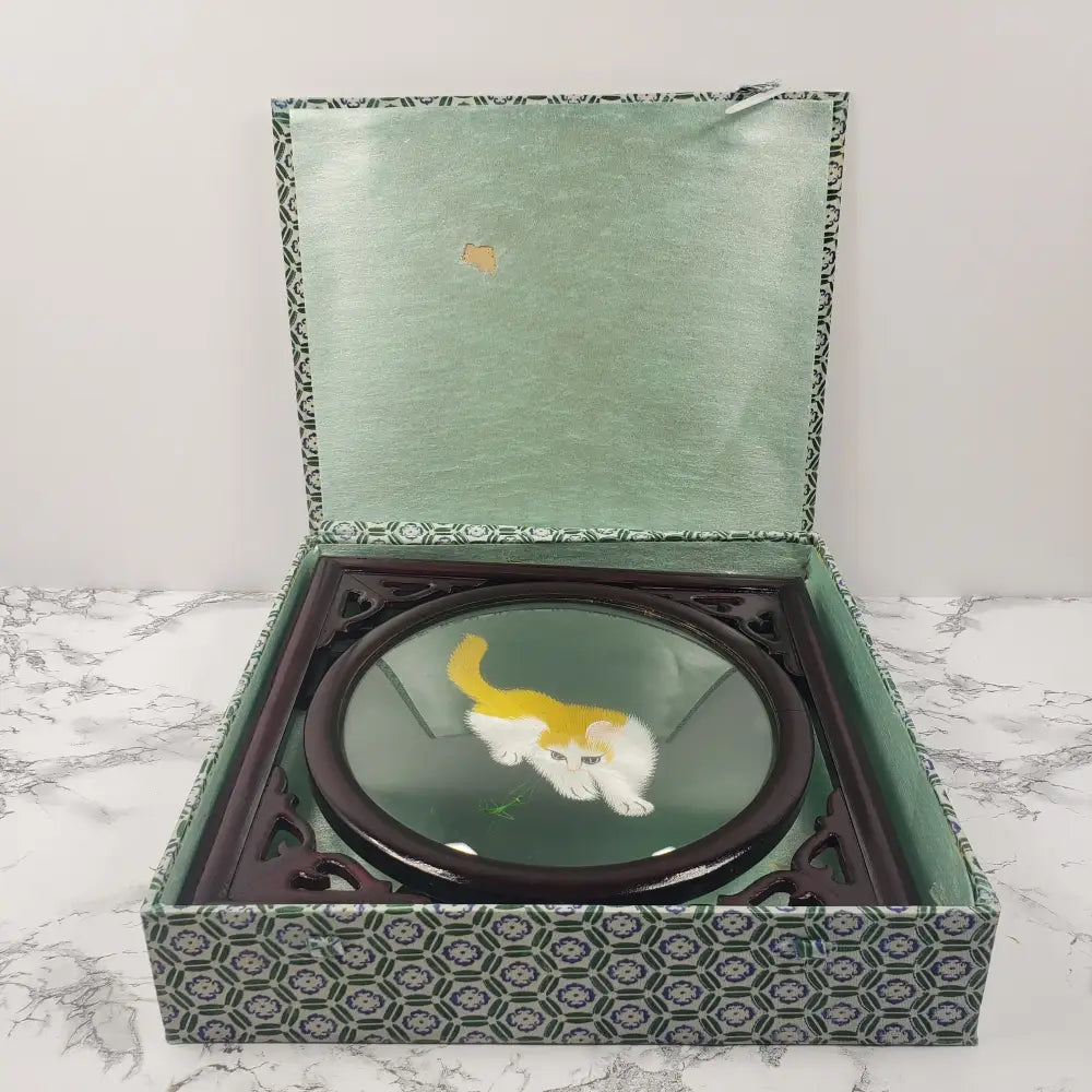 Silk Embroidered Cats Large Wood Glass Vintage Decor