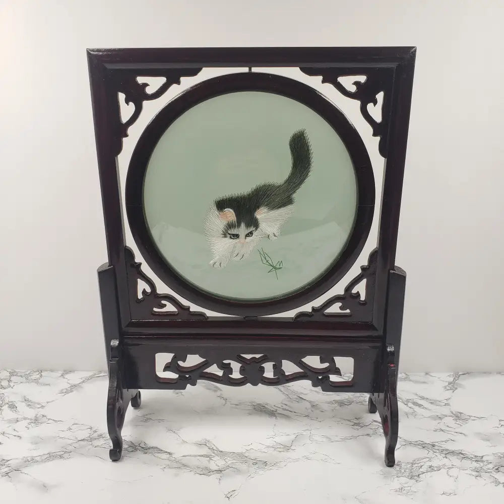 Silk Embroidered Cats Large Wood Glass Vintage Decor