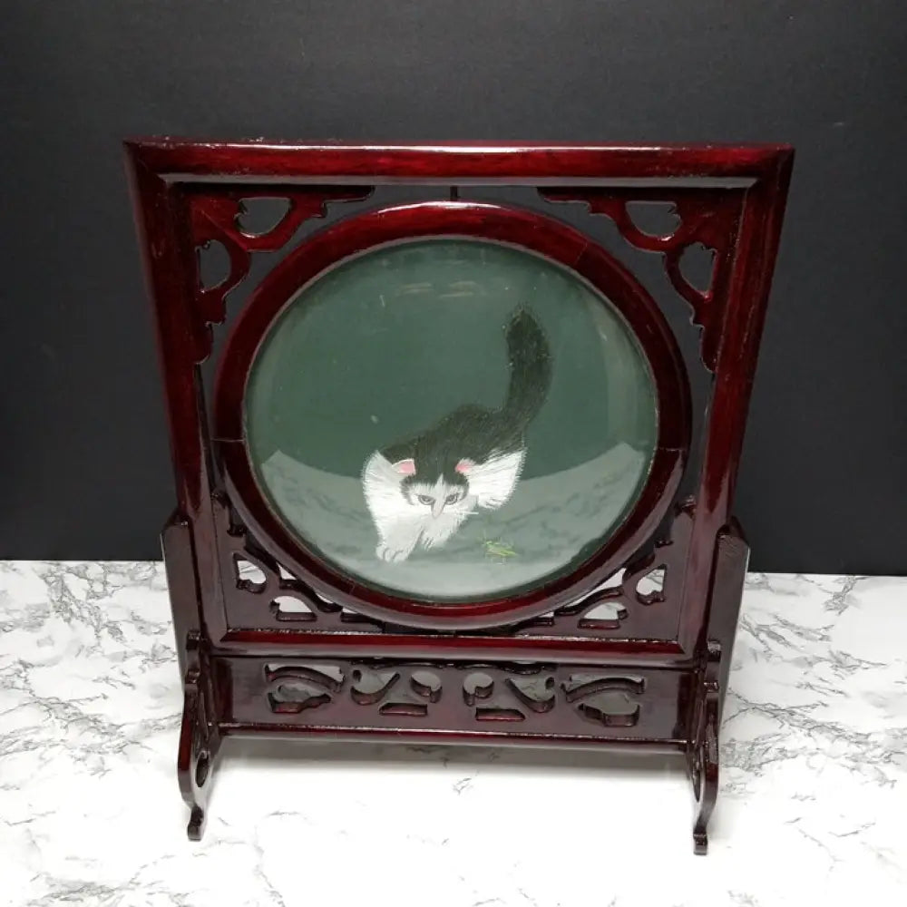 Silk Embroidered Cats Wood Display ( Vintage ) Decor