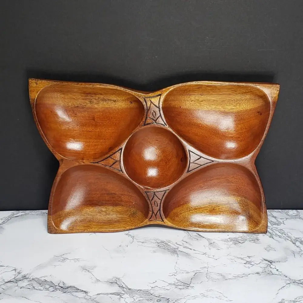 Solid Wood Hand Carved 5 Compartment Tray Vintage - Decor