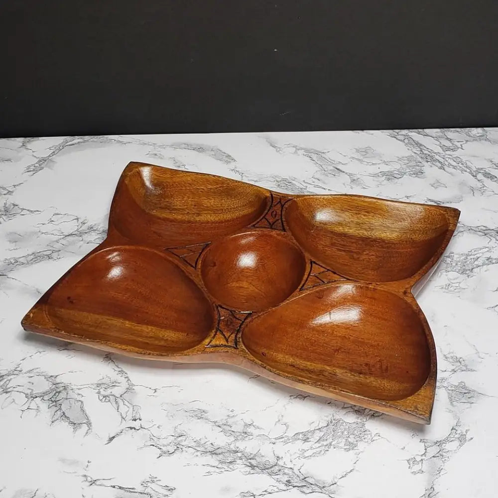 Solid Wood Hand Carved 5 Compartment Tray Vintage - Decor
