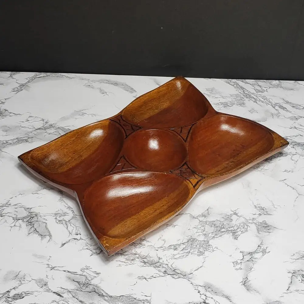 Solid Wood Hand Carved 5 Compartment Tray Vintage - Decor