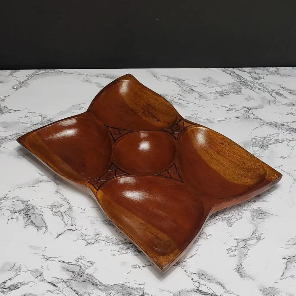 Solid Wood Hand Carved 5 Compartment Tray Vintage - Decor