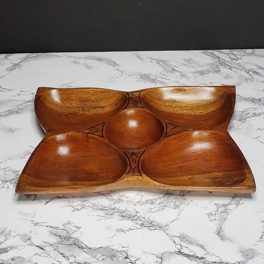 Solid Wood Hand Carved 5 Compartment Tray Vintage - Decor