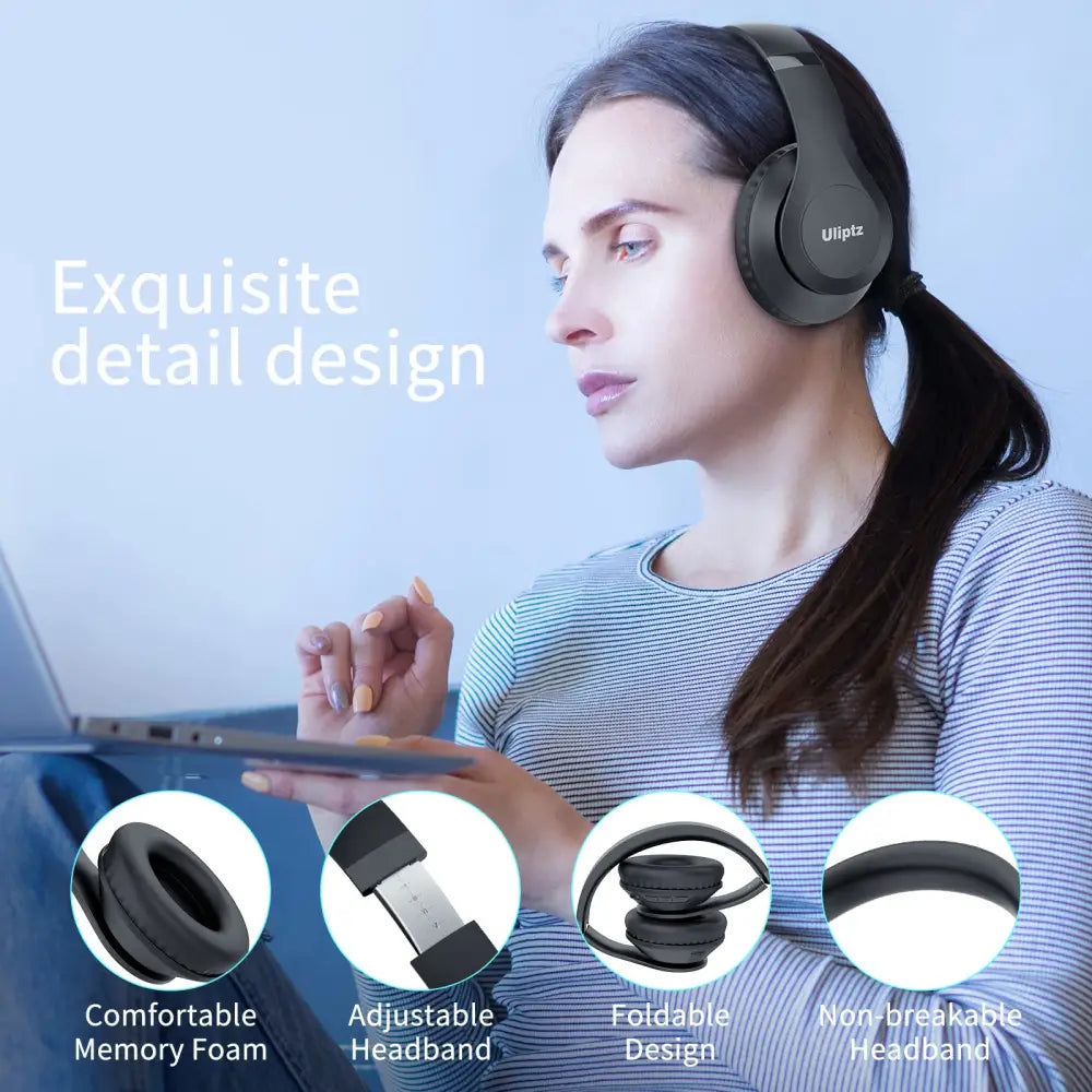Uliptz Wireless Bluetooth Headphones 65H Playtime 6 Eq Sound Modes Hifi Stereo Over Ear With