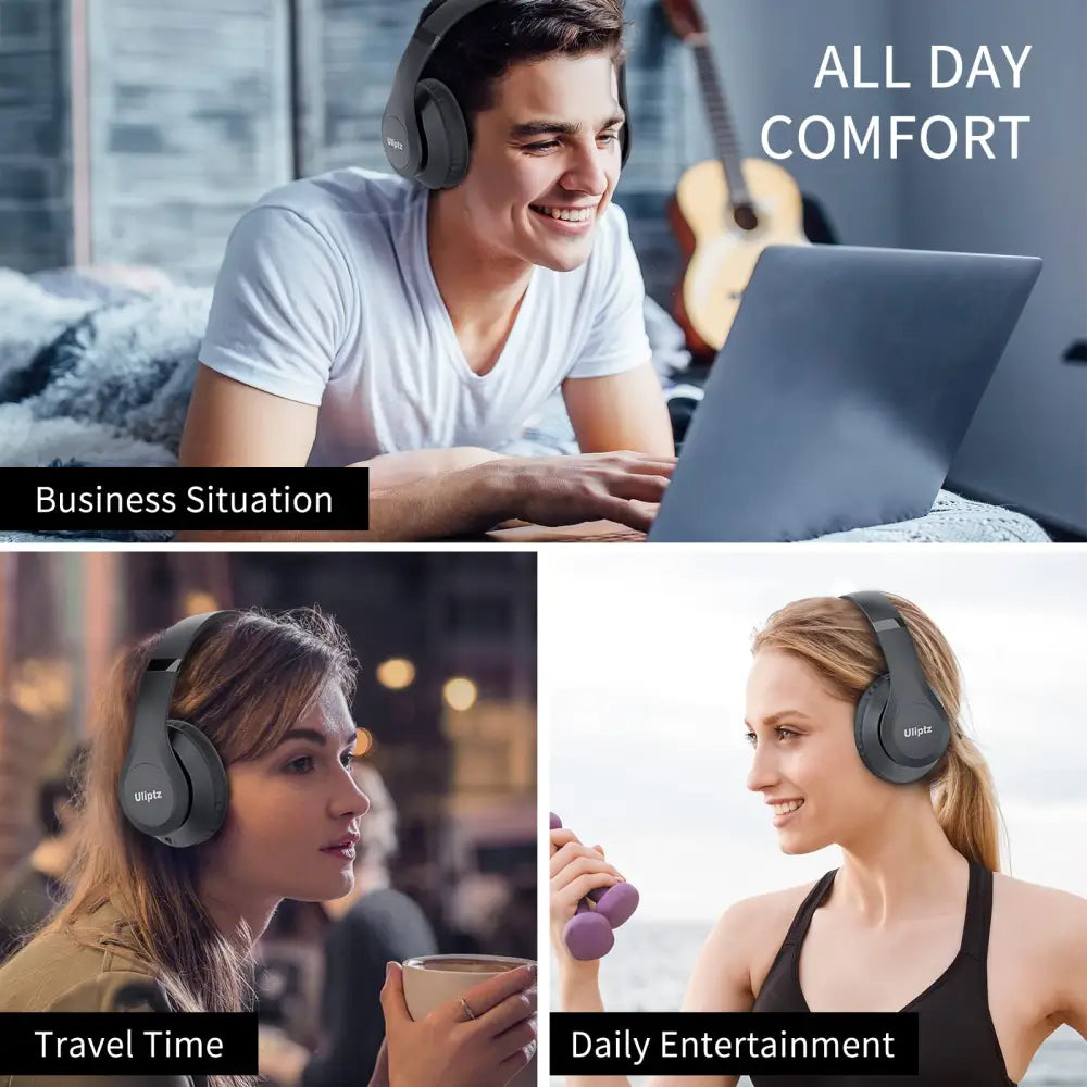 Uliptz Wireless Bluetooth Headphones 65H Playtime 6 Eq Sound Modes Hifi Stereo Over Ear With