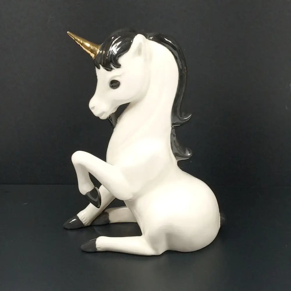 Unicorn Unique Cute Vintage Black White Gold Ceramic Decor