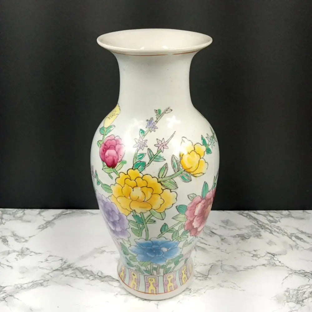 Vase Oriental Hand Painted Flowers Porcelain Vintage Decor