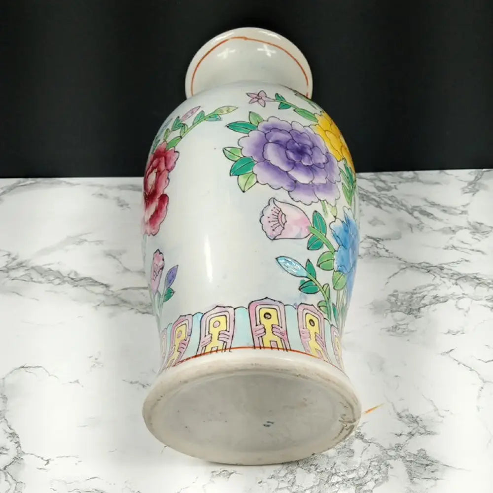Vase Oriental Hand Painted Flowers Porcelain Vintage Decor