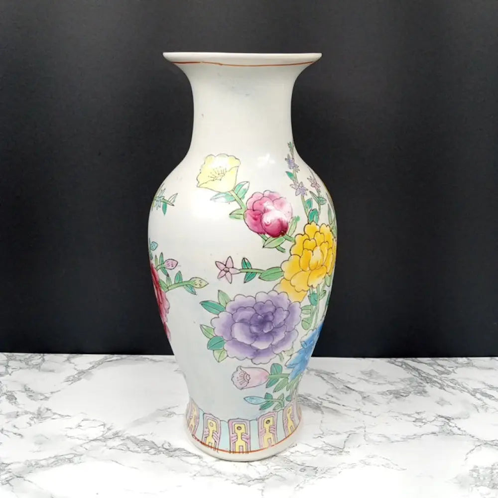 Vase Oriental Hand Painted Flowers Porcelain Vintage Decor