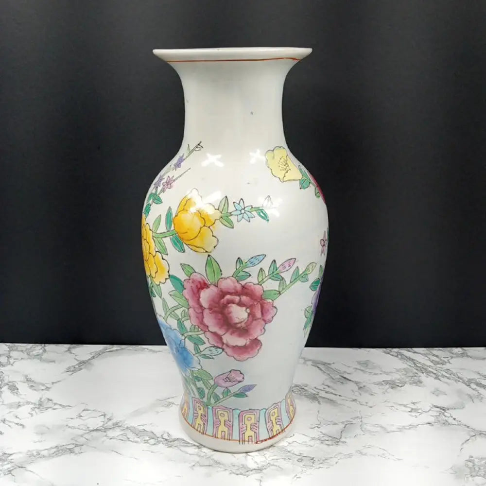 Vase Oriental Hand Painted Flowers Porcelain Vintage Decor
