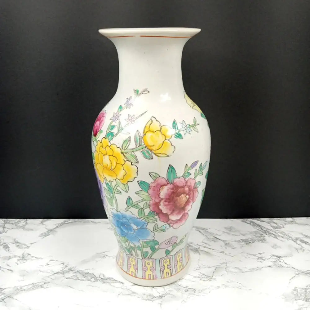 Vase Oriental Hand Painted Flowers Porcelain Vintage Decor