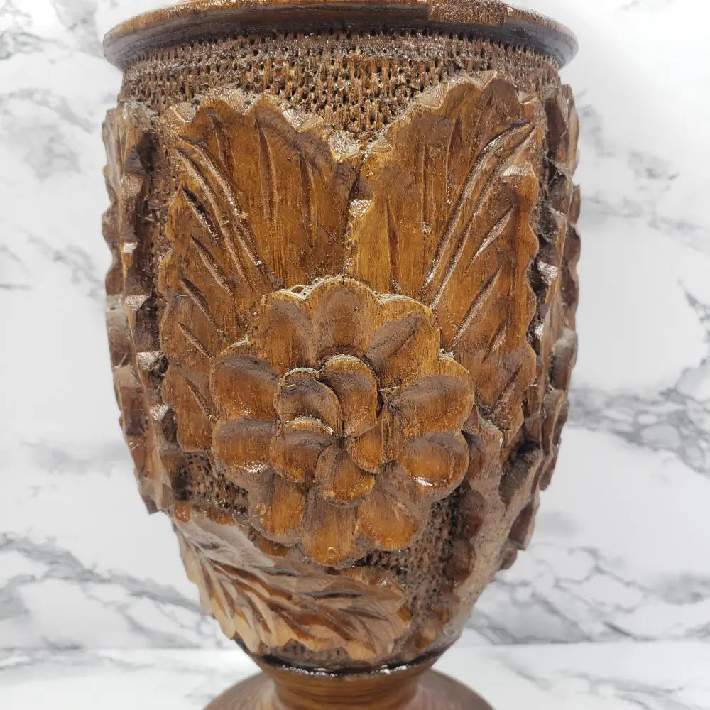 Vase Solid Wood Hand Carved Flowers Vintage Decor
