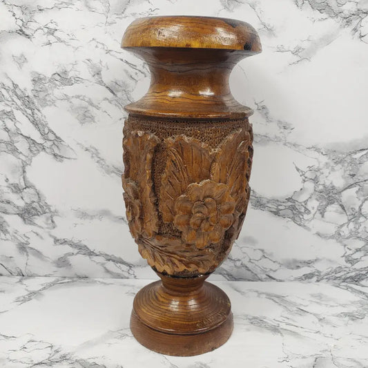 Vase Solid Wood Hand Carved Flowers Vintage Decor