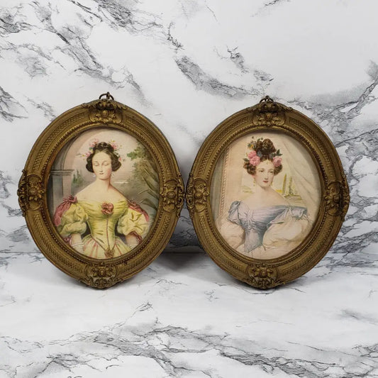 Victorian Wood Framed Linen Portraits Antique Decor