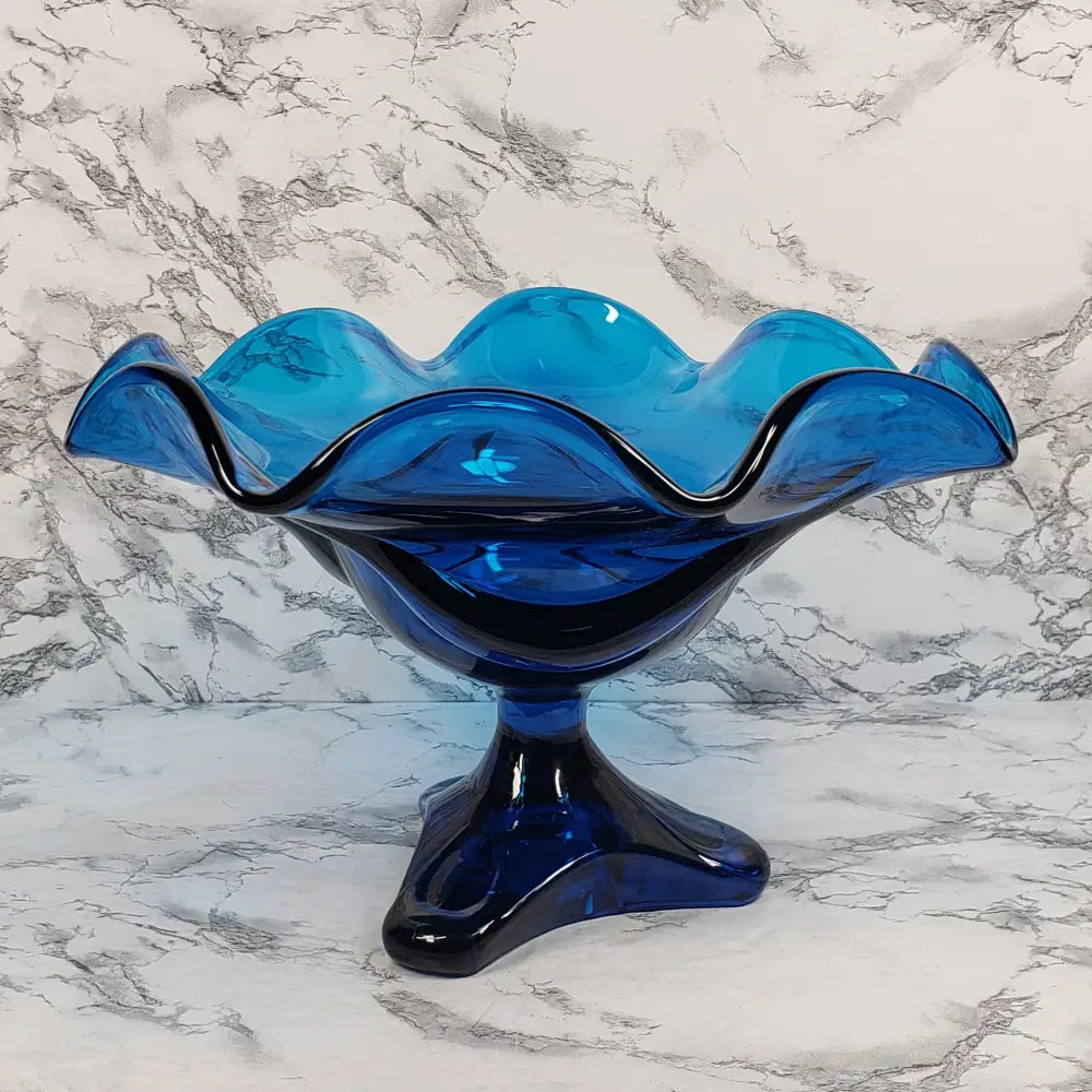 Viking Bluenique Crimped Rim Pedestal Compote Vintage Vases