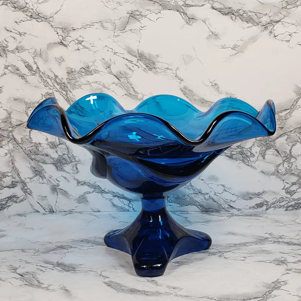 Viking Bluenique Crimped Rim Pedestal Compote Vintage Vases