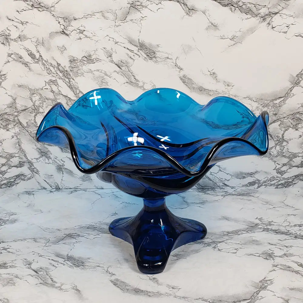 Viking Bluenique Crimped Rim Pedestal Compote Vintage Vases