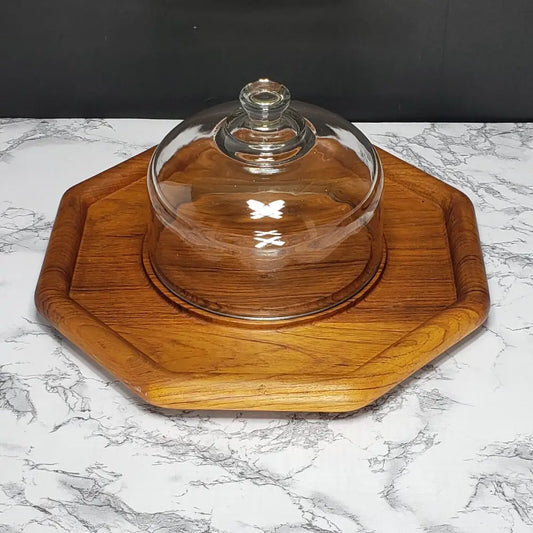 Vintage Teakwood Charcuterie Cheese Board with Glass Cloche