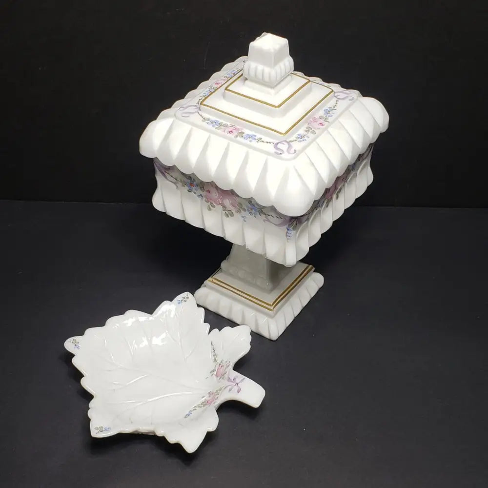 Westmoreland Hand Painted Milk Glass Wedding Box & Trinket Dish (Vintage) Decor