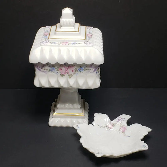 Westmoreland Hand Painted Milk Glass Wedding Box & Trinket Dish (Vintage) Decor