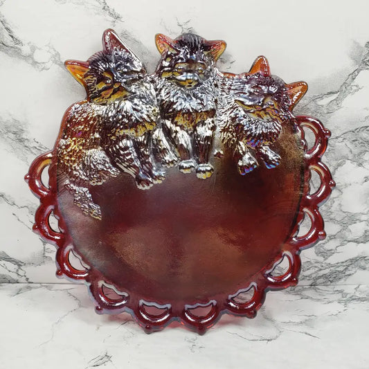 Westmoreland Kitten Vanity Tray Carnival Amberina Glass Vintage Decor