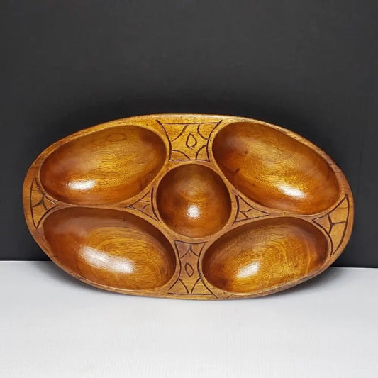 Wood Bowl Handmade 5 Compartment Vintage - Decor