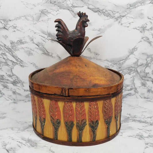 Wood Metal Rooster Lidded Oval Box Vintage Decor