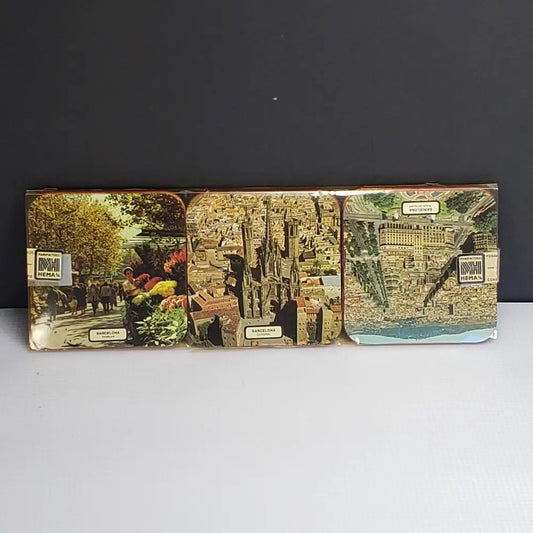 Wooden Coaster Set Barcelona Spain MCM Never Used - Decor