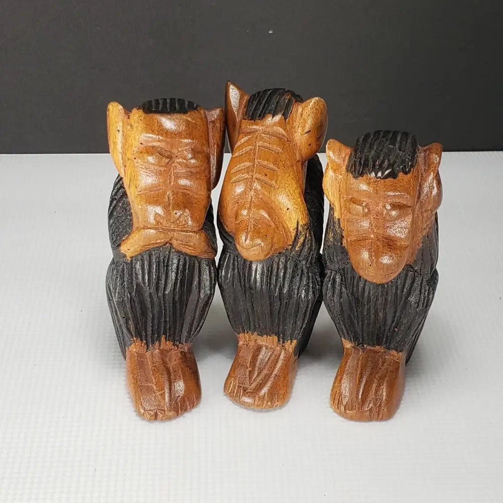 Wooden Monkeys Hand Carved See Hear Speak No Evil Vintage -